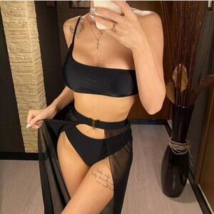 New Black Off Shoulder 3 Piece Bikini Set with Skirt Size Large